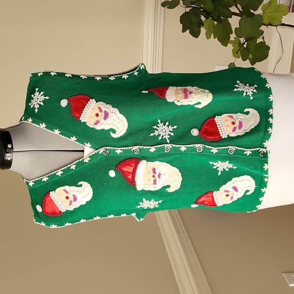 Vintage Santa Christmas Sweater Green and White Size Large Ugly - Picture 1 of 8